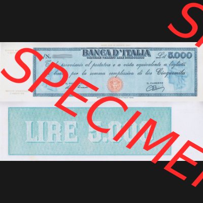 Banknoten Italien 1947-1949, 5000 Lire a. Vorderseite und Rückseite auf einen Digitalen Bild der Banknoten von Italien 1947-1950, Banknoten aus Satz der Banknoten 1947-1950 aus... Sammlung