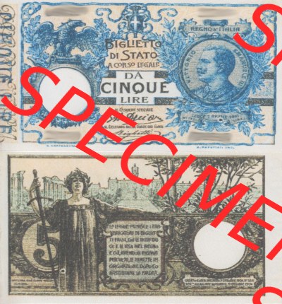 Banknoten Italien 1904-1925, 5 Lire. Vorderseite und Rückseite auf einen Digitalen Bild der Banknoten von Italien 1904-1935,... Sammlung