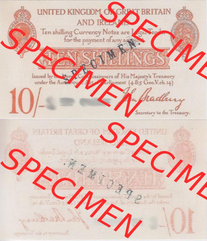 Banknoten England 1915-1915, III. 10 Schilling - Shillings Specimen. Vorderseite und Rückseite auf einen Digitalen Bild der Banknoten von England 1914-1915, Banknoten aus... Sammlung