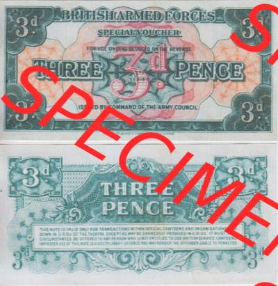 Banknoten Britisches Militär 1956-1956, 3 Pence 3. Serie. Vorderseite und Rückseite auf einen Digitalen Bild der Banknoten vom... Sammlung