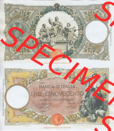 Banknoten Italien 1926-1942, Cinquecento, 500 Lire. Vorderseite und Rückseite auf einen Digitalen Bild der Banknoten von Italien... Sammlung