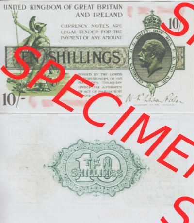 Banknoten England 1919-1919, 10 Schilling - Ten Shillings. Vorderseite und Rückseite auf einen Digitalen Bild der Banknoten von... Sammlung