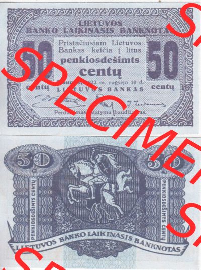 Banknoten Litauen 1922-1922, 50 penkiosdesimts centu. Vorderseite und Rückseite auf einen Digitalen Bild der Banknoten von Litauen... Sammlung