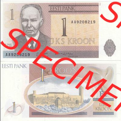 Banknoten Estland 1992, 1 Krone. Vorderseite und Rückseite auf einen Digitalen Bild der Banknoten von Estland 1991-1992, Banknoten aus Satz der Banknoten 1992 aus Estland im online... Sammlung