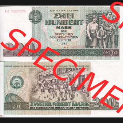 Banknote DDR 1985, 200 Mark. Vorderseite und Rückseite auf einen Digitalen Bild der DDR-Banknoten aus Komplettsatz der DDR-Banknoten im online Katalog auf EMBMV zum katalogisieren und... Sammlung