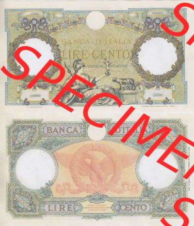 Banknoten Italien 1931-1942, Cento, 100 Lire. Vorderseite und Rückseite auf einen Digitalen Bild der Banknoten von Italien 1926-1942,... Sammlung
