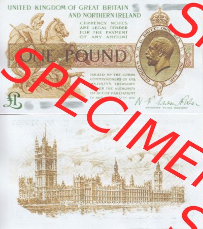 Banknoten England 1928-1928, 1 Pfund - One Pound. Vorderseite und Rückseite auf einen Digitalen Bild der Banknoten von England... Sammlung