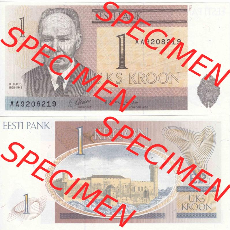 Banknoten Estland 1992, 1 Krone. Vorderseite und Rückseite auf einen Digitalen Bild der Banknoten von Estland 1991-1992, Banknoten aus Satz der Banknoten 1992 aus Estland im online... Sammlung