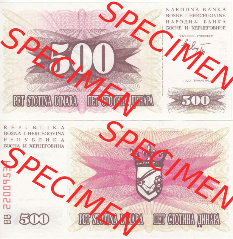 Banknoten Bosnien und Herzegowina 1992, 500 Dinara Pet Stotina. Vorderseite und Rückseite auf einen Digitalen Bild der Bosnien und Herzegowina-Banknoten aus Satz der Bosnien und Herzegowina-Banknoten... Sammlung
