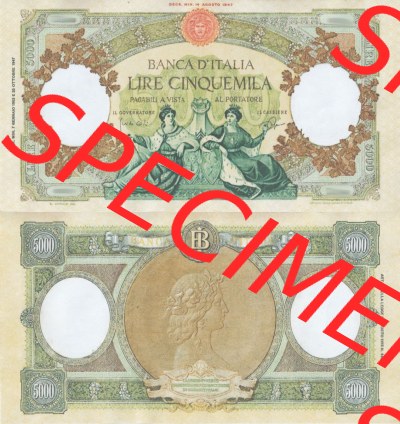Banknoten Italien 1945-1947, Lire Cinquemila, 5000 Lire. Vorderseite und Rückseite auf einen Digitalen Bild der Banknoten von... Sammlung