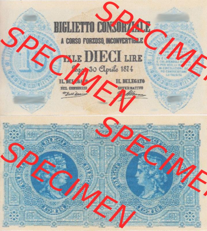 Banknoten Italien 1874-1874, vale DIECI Lire, 10 Lire. Vorderseite und Rückseite auf einen Digitalen Bild der Banknoten von Italien 1874, Banknoten aus Satz der Banknoten... Sammlung