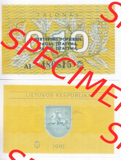 Banknoten Litauen 1991-1991, 0.10 Talonas. Vorderseite und Rückseite auf einen Digitalen Bild der Banknoten von Litauen 1991,... Sammlung