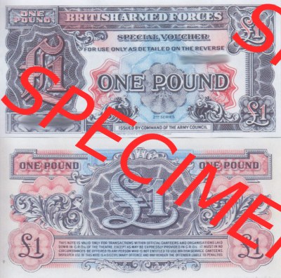 Banknoten Britisches Militär 1948-1948, 2 Pfund, One Pound 2. Serie. Vorderseite und Rückseite auf einen Digitalen Bild der... Sammlung