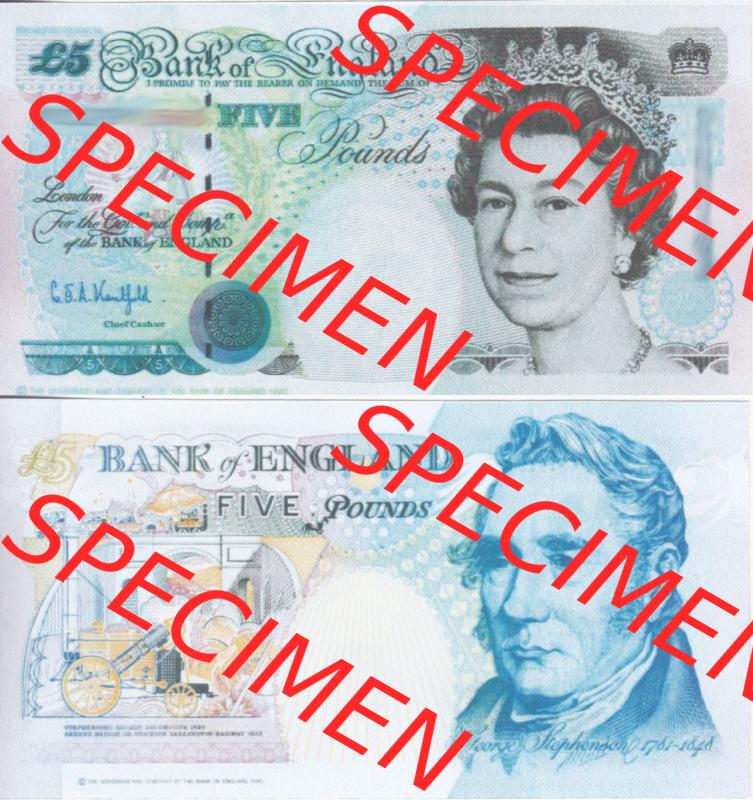 Banknoten England 1991-1998, 5 Pfund - Five Pounds. Vorderseite und Rückseite auf einen Digitalen Bild der Banknoten von England 1990-2002, Banknoten aus Satz der Englischen Banknoten... Sammlung
