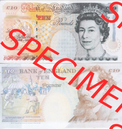 Banknoten England 1992-1993, 10 Pfund - Ten Pounds. Vorderseite und Rückseite auf einen Digitalen Bild der Banknoten von England... Sammlung