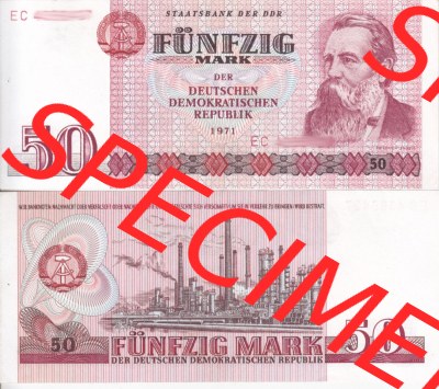 Banknote DDR 1971, 50 Mark. Vorderseite und Rückseite auf einen Digitalen Bild der DDR-Banknoten aus Komplettsatz -.-.- Sammlung