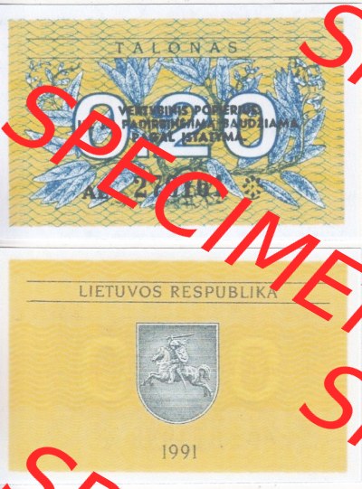 Banknoten Litauen 1991-1991, 0.20 Talonas. Vorderseite und Rückseite auf einen Digitalen Bild der Banknoten von Litauen 1991,... Sammlung