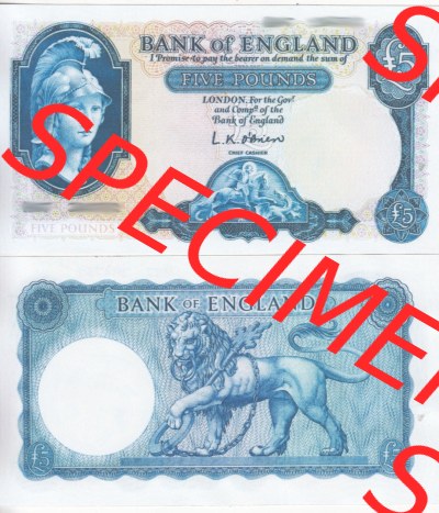 Banknoten England 1957-1961, 5 Pfund - Five Pounds Nennwert in Blau. Vorderseite und Rückseite auf einen Digitalen Bild der Banknoten... Sammlung