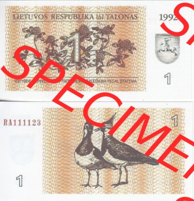 Banknoten Litauen 1992-1992, 1 Talonas. Vorderseite und Rückseite auf einen Digitalen Bild der Banknoten von Litauen 1992 und... Sammlung