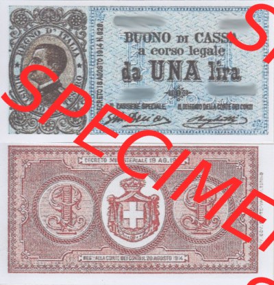 Banknoten Italien 1914-1921, 1 Lira. Vorderseite und Rückseite auf einen Digitalen Bild der Banknoten von Italien 1914-1922,... Sammlung