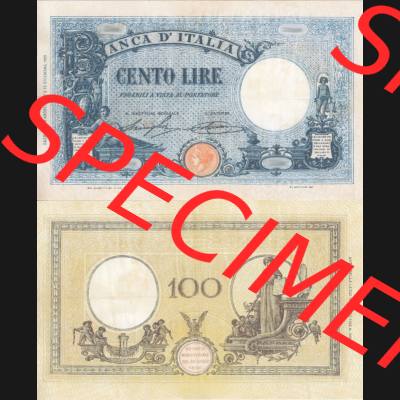 Banknoten Italien 1927-1930, Cento 100 Lire II.. Vorderseite und Rückseite auf einen Digitalen Bild der Banknoten von Italien 1926-1942, Banknoten aus Satz der Banknoten... Sammlung
