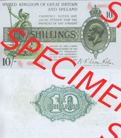 Banknoten England 1922-1923, 10 Schilling - Ten Shillings. Vorderseite und Rückseite auf einen Digitalen Bild der Banknoten von... Sammlung