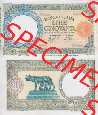 Banknoten Italien 1943-1943, Lire Cinquanta, 50 Lire. Vorderseite und Rückseite auf einen Digitalen Bild der Banknoten von Italien... Sammlung