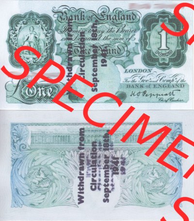 Banknoten England 1928-1948, 1 Pfund, One Pound. Vorderseite und Rückseite auf einen Digitalen Bild der Banknoten von England... Sammlung