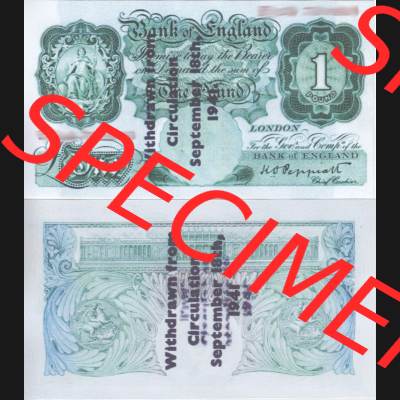 Banknoten England 1928-1948, 1 Pfund, One Pound. Vorderseite und Rückseite auf einen Digitalen Bild der Banknoten von England 1917-1948, Banknoten aus Satz der Englischen... Sammlung