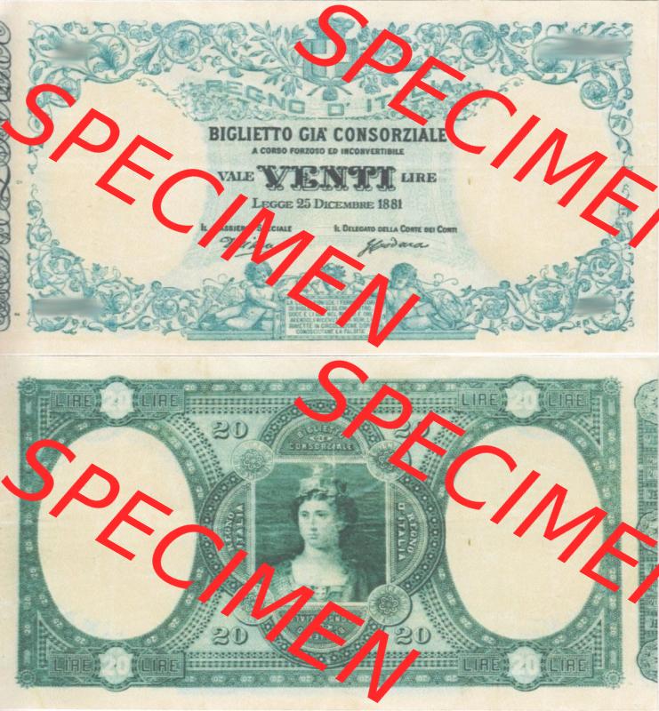 Banknoten Italien 1881-1881, 20 Lire. Vorderseite und Rückseite auf einen Digitalen Bild der Banknoten von Italien 1881, Banknoten aus Satz der Banknoten 1881 aus Italien im online... Sammlung