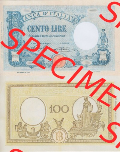 Banknoten Italien 1943-1943, Lire Cento, 100 Lire. Vorderseite und Rückseite auf einen Digitalen Bild der Banknoten von Italien... Sammlung