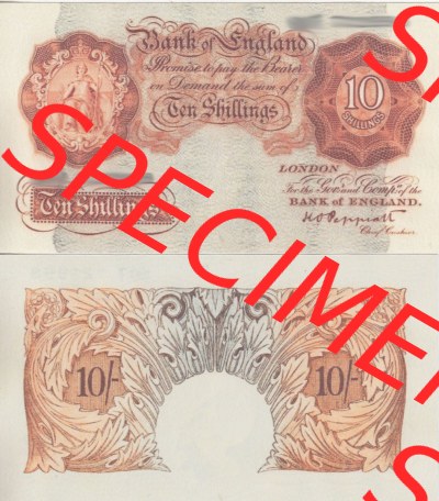 Banknoten England 1928-1948, 10 Schilling, Ten Shillings. Vorderseite und Rückseite auf einen Digitalen Bild der Banknoten von... Sammlung