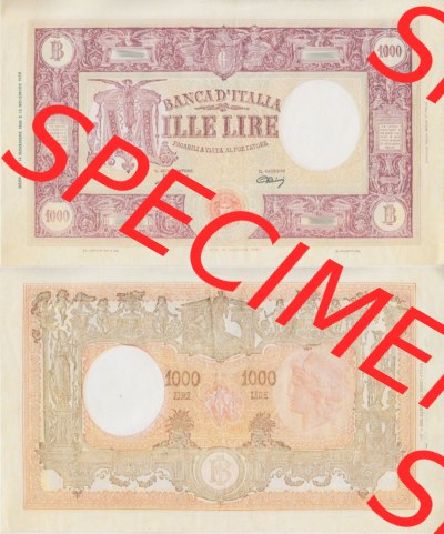 Banknoten Italien 1947-1950, Mille Lire, 1000 Lire. Vorderseite und Rückseite auf einen Digitalen Bild der Banknoten von Italien... Sammlung