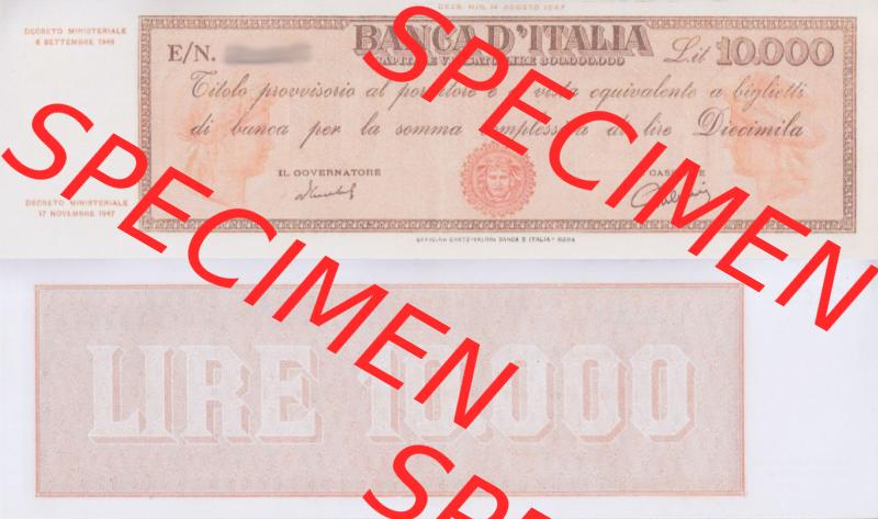Banknoten Italien 1947-1950, 10000 Lire a. Vorderseite und Rückseite auf einen Digitalen Bild der Banknoten von Italien 1947-1950, Banknoten aus Satz der Banknoten 1947-1950 aus... Sammlung