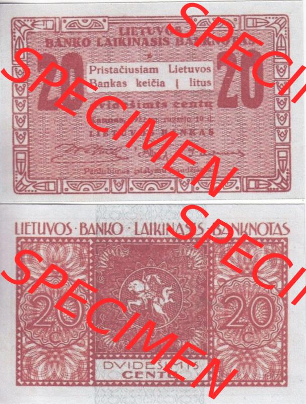 Banknoten Litauen 1922-1922, 20 dvidesimts centu. Vorderseite und Rückseite auf einen Digitalen Bild der Banknoten von Litauen 1922, Banknoten aus Satz der Banknoten Litauen 1922... Sammlung