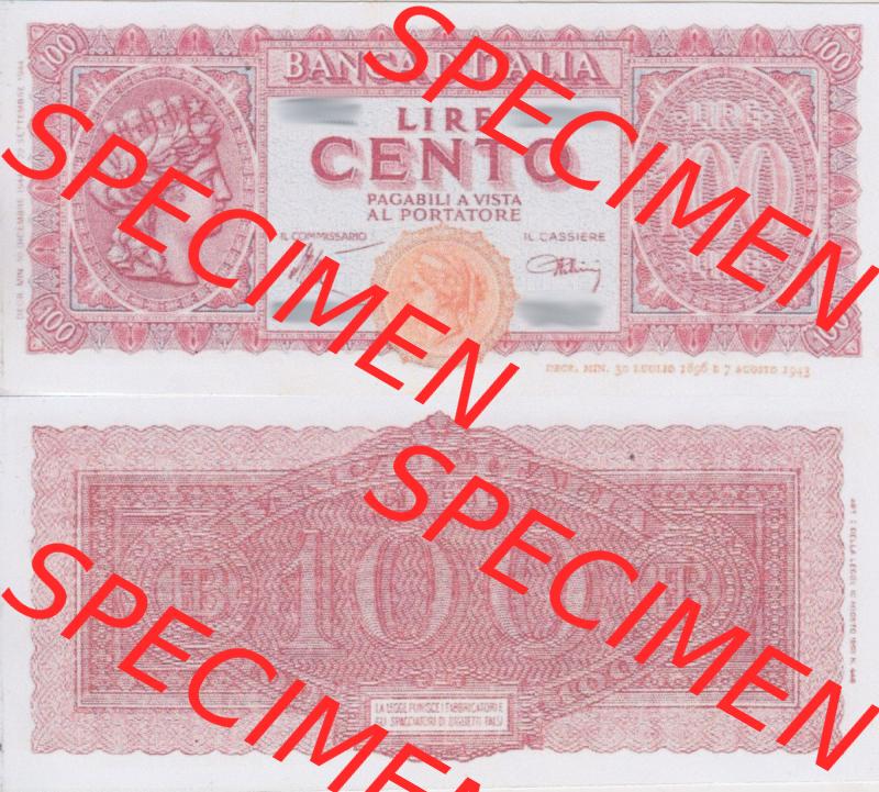 Banknoten Italien 1944-1946, 100 Lire. Vorderseite und Rückseite auf einen Digitalen Bild der Banknoten von Italien 1944, Banknoten aus Satz der Banknoten 1944 aus Italien im online... Sammlung
