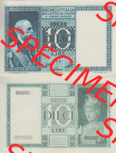 Banknoten Italien 1935-1935, 10 Lire. Vorderseite und Rückseite auf einen Digitalen Bild der Banknoten von Italien 1904-1935,... Sammlung