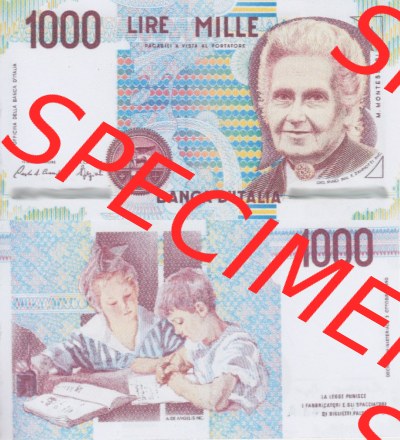 Banknoten Italien 1990-1990, 1000 Lire Frauen-Porträt. Vorderseite und Rückseite auf einen Digitalen Bild der Banknoten von... Sammlung