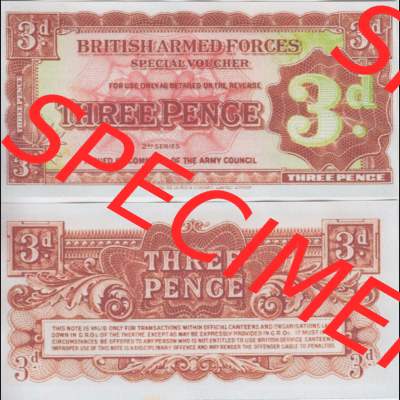 Banknoten Britisches Militär 1948-1948, 3 Three Pence 2. Serie. Vorderseite und Rückseite auf einen Digitalen Bild der Banknoten vom Britisches Militär 1948-1958.... Sammlung
