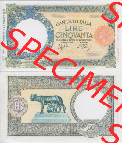 Banknoten Italien 1933-1940, Cinqvanta, 50 Lire II.. Vorderseite und Rückseite auf einen Digitalen Bild der Banknoten von Italien... Sammlung