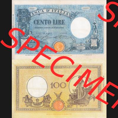 Banknoten Italien 1927-1930, Cento 100 Lire III.. Vorderseite und Rückseite auf einen Digitalen Bild der Banknoten von Italien 1926-1942, Banknoten aus Satz der Banknoten... Sammlung
