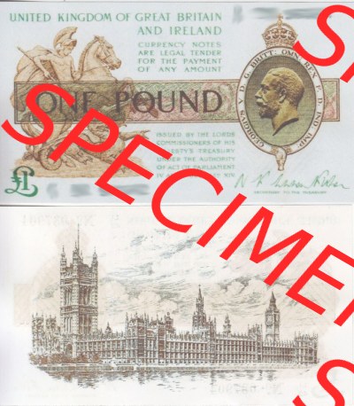 Banknoten England 1922-1923, 1 Pfund - One Pound. Vorderseite und Rückseite auf einen Digitalen Bild der Banknoten von England... Sammlung