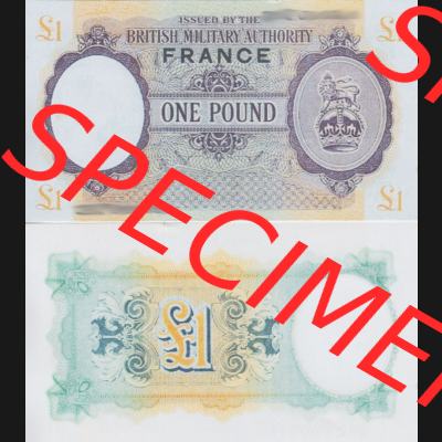 Banknoten Britisches Militär 1943-1945, 1 Pfund - 1 Pound Frankreich. Vorderseite und Rückseite auf einen Digitalen Bild der Banknoten vom Britisches Militär 1943-1945.... Sammlung
