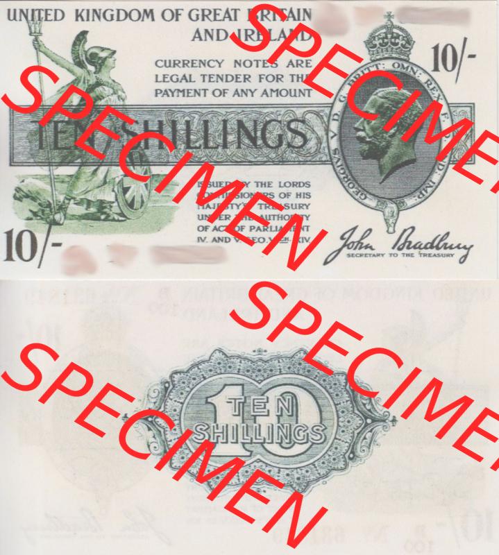 Banknoten England 1918-1918, 10 Schilling - Shillings. Vorderseite und Rückseite auf einen Digitalen Bild der Banknoten von England 1917-1948, Banknoten aus Satz der Englischen... Sammlung