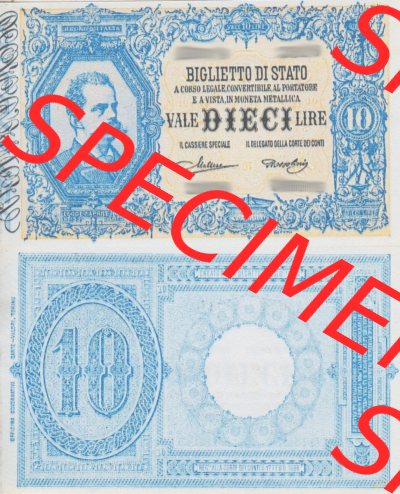 Banknoten Italien 1888-1925, 10 Lire. Vorderseite und Rückseite auf einen Digitalen Bild der Banknoten von Italien 1882-1925,... Sammlung