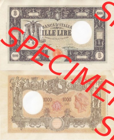 Banknoten Italien 1921-1926, Mille, 1000 Lire. Vorderseite und Rückseite auf einen Digitalen Bild der Banknoten von Italien 1896-1926,... Sammlung