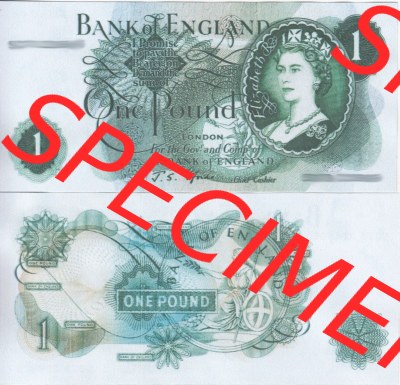 Banknoten England 1960-1978, 1 Pfund - One Pound. Vorderseite und Rückseite auf einen Digitalen Bild der Banknoten von England... Sammlung