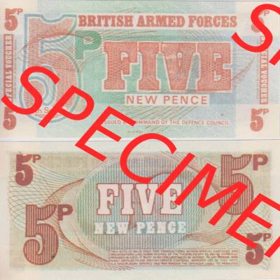 Banknoten Britisches Militär 1972-1972, 5 New Pence BWC. Vorderseite und Rückseite auf einen Digitalen Bild der Banknoten vom Britisches Militär 1972. Banknoten aus Satz... Sammlung