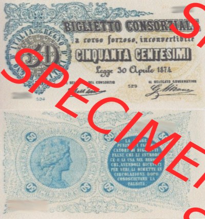 Banknoten Italien 1874-1874, Cimquanata 50 Centesimi I.. Vorderseite und Rückseite auf einen Digitalen Bild der Banknoten von... Sammlung