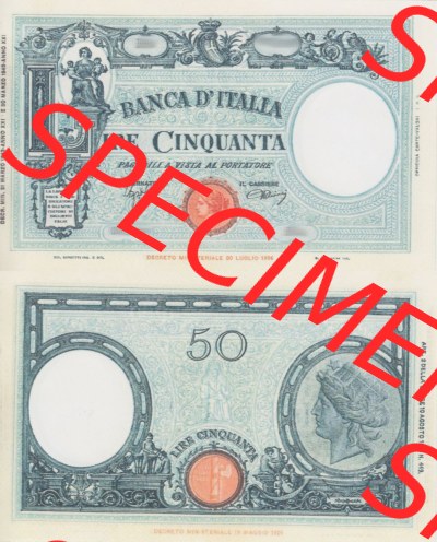 Banknoten Italien 1943-1943, Lire Cinquanta, 50 Lire. Vorderseite und Rückseite auf einen Digitalen Bild der Banknoten von Italien... Sammlung